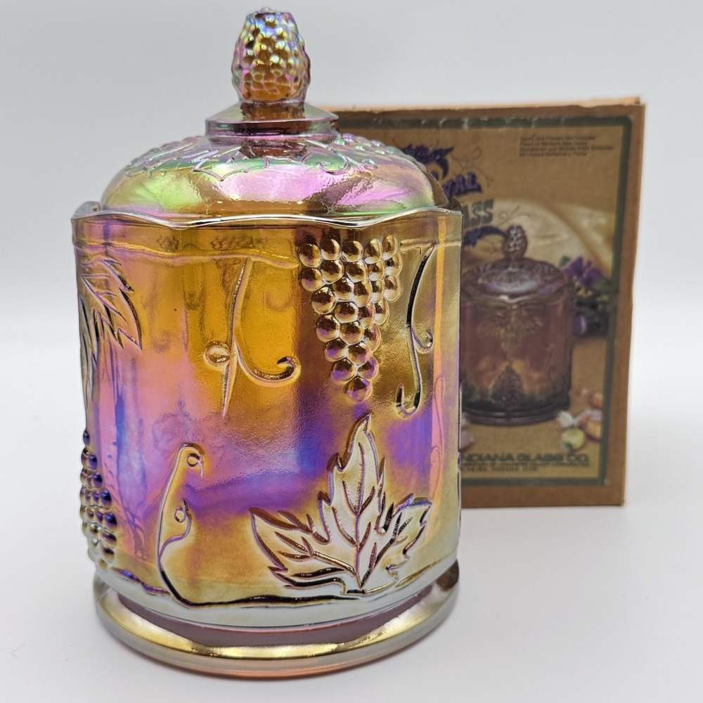 VTG Indiana Glass Harvest Candy Jar Iridescent Gold Carnival Glass New!‎ Grape